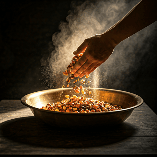 Hands tossing a mixture of roasted nuts, dried fruits, and spices in an antique brass basin, spice dust caught in a sunbeam