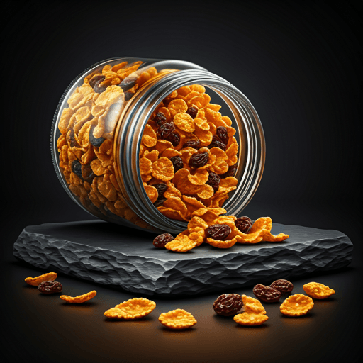 Golden roasted cornflake mix spilling from a glass jar onto a rough slate block