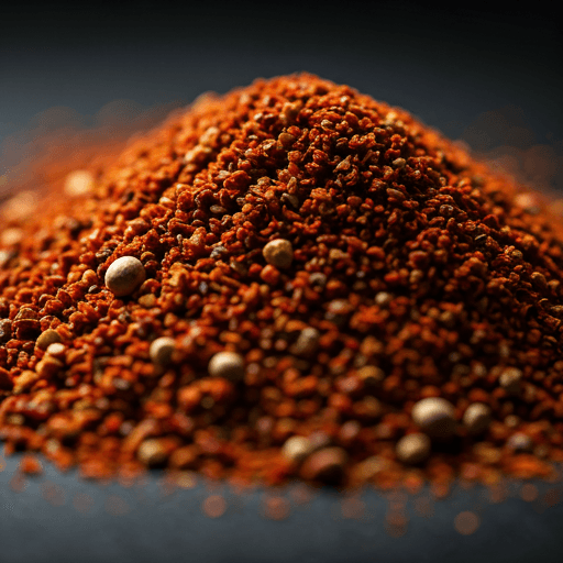 Macro shot of a complex dark red spice blend with visible seeds and textures