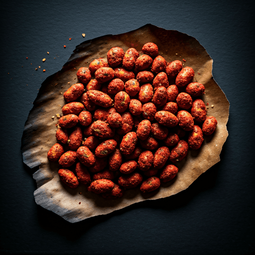 Deep crimson spiced roasted peanuts piled on charred parchment with flakes of sea salt
