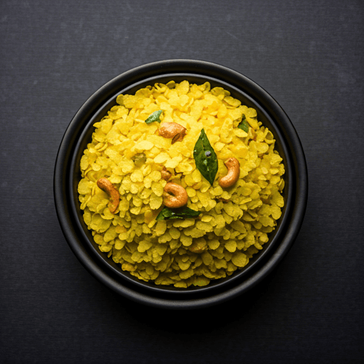 Poha chivda served in a minimalist matte black bowl with golden fried dal
