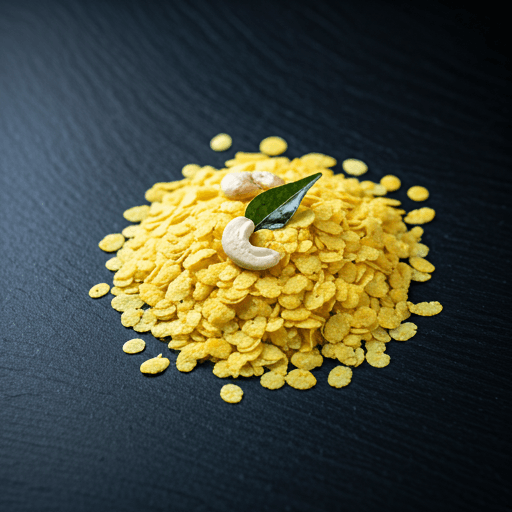 Flattened rice poha chivda with curry leaves and cashews on a dark polished surface