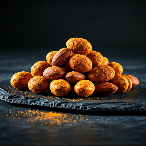 Whole cashews coated in a golden-red saffron spice blend on dark slate