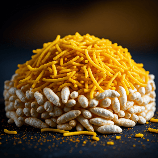Puffed rice and thin yellow chickpea sev dusted with red chili powder