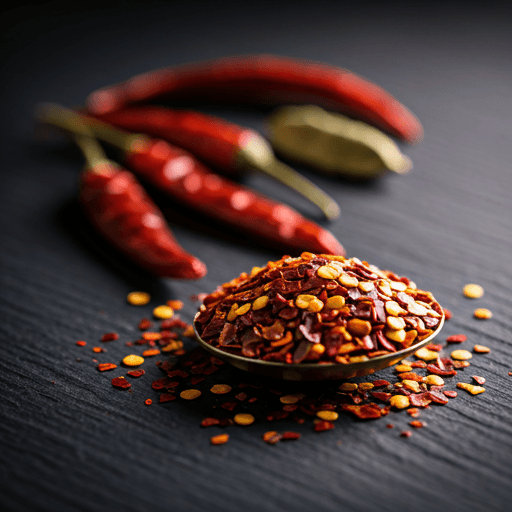 Close-up of red chili flakes and whole spices on a dark textured surface