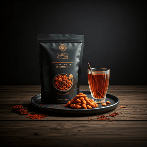 Spicy crunch mix served alongside a styled beverage in warm crimson light