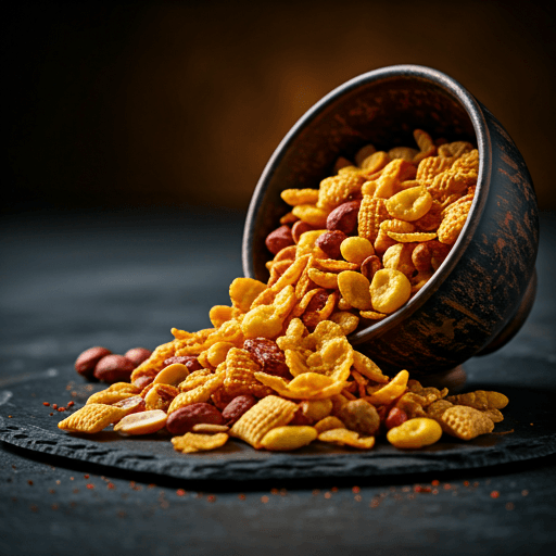 Spicy crunch mix with golden cornflakes and crimson-dusted peanuts spilling from a rustic ceramic bowl