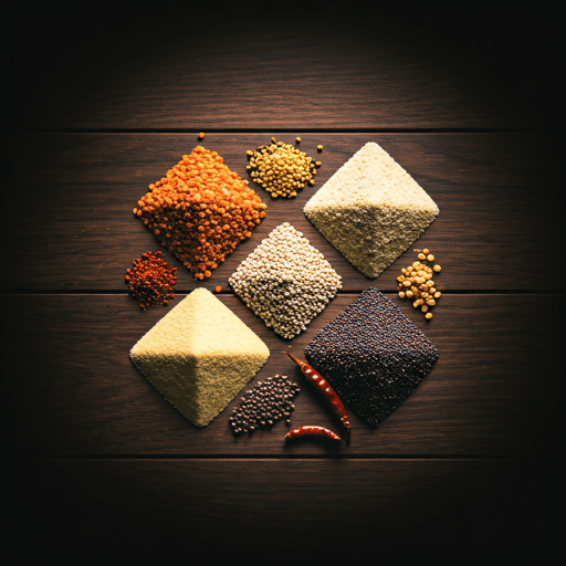 Upma mix ingredients arranged geometrically — semolina, mustard seeds, urad dal, and dried chilies