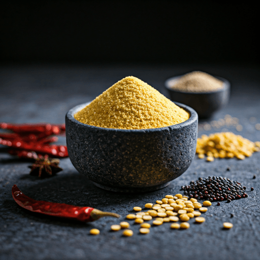 Golden-brown semolina upma mix in a black stone bowl surrounded by dried red chilies and mustard seeds