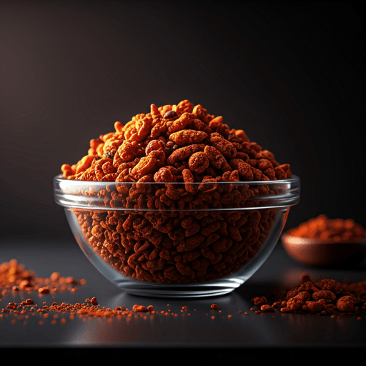 Premium spicy snack mix in an elegant glass bowl with crimson and amber tones